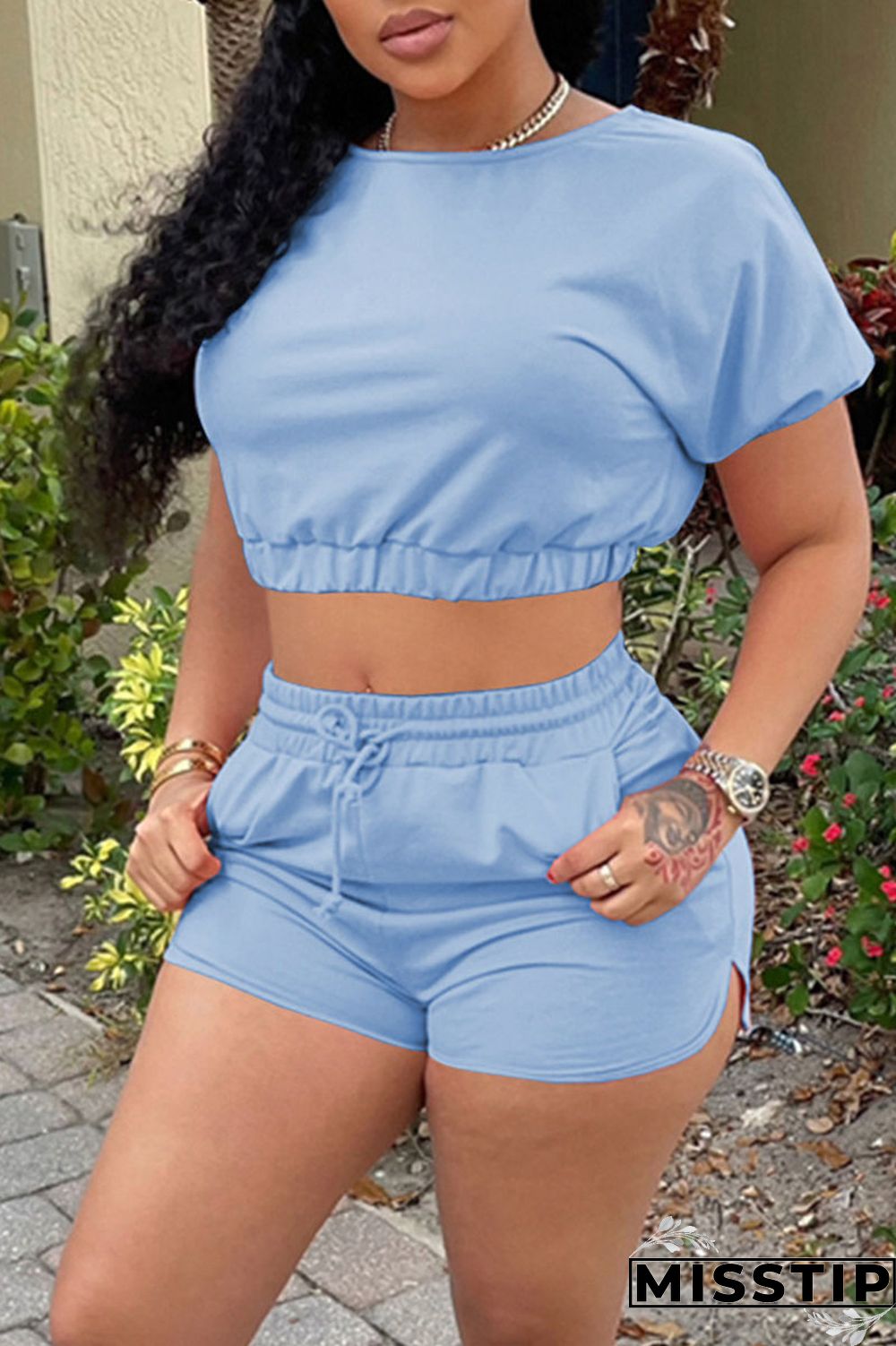 Fluorescent Green Casual Solid Patchwork O Neck Short Sleeve Two Pieces