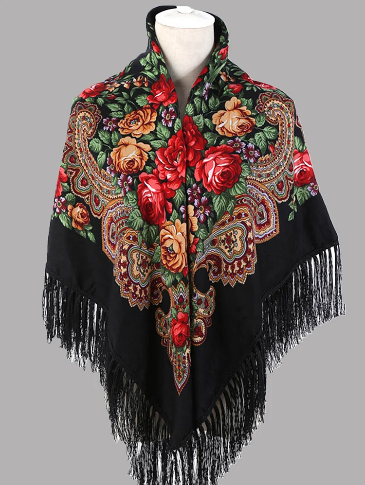 Ethnic Flower Decor Fringed Trim Shawl