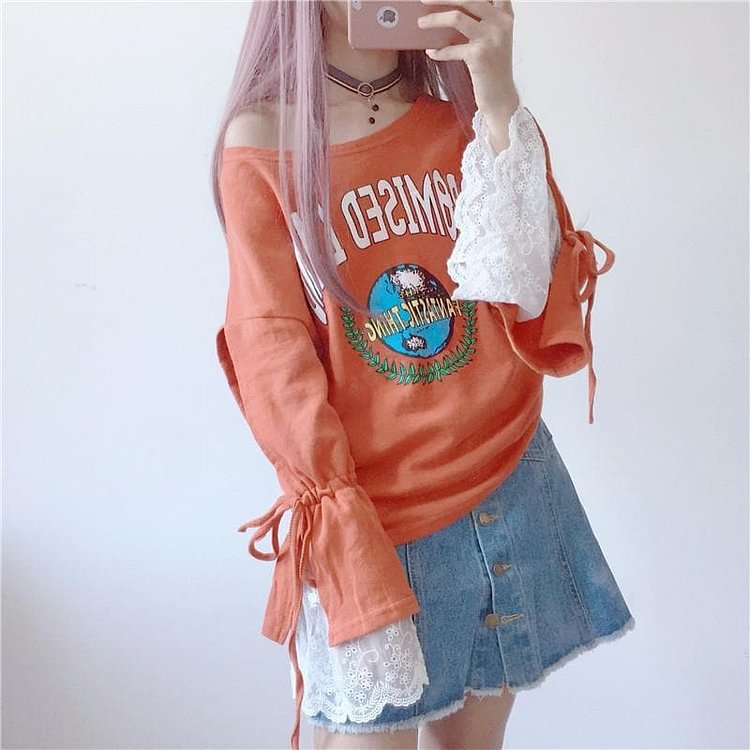 Orange/White Loose Letters Printing Lace Shirt SP1710877