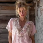 Vintage Boho Pink Roses Embroidered Comfy Linen Tunic - Image 2