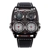  Mens Steampunk Watch Military Big Square Case Design Quartz Dual Time Zone