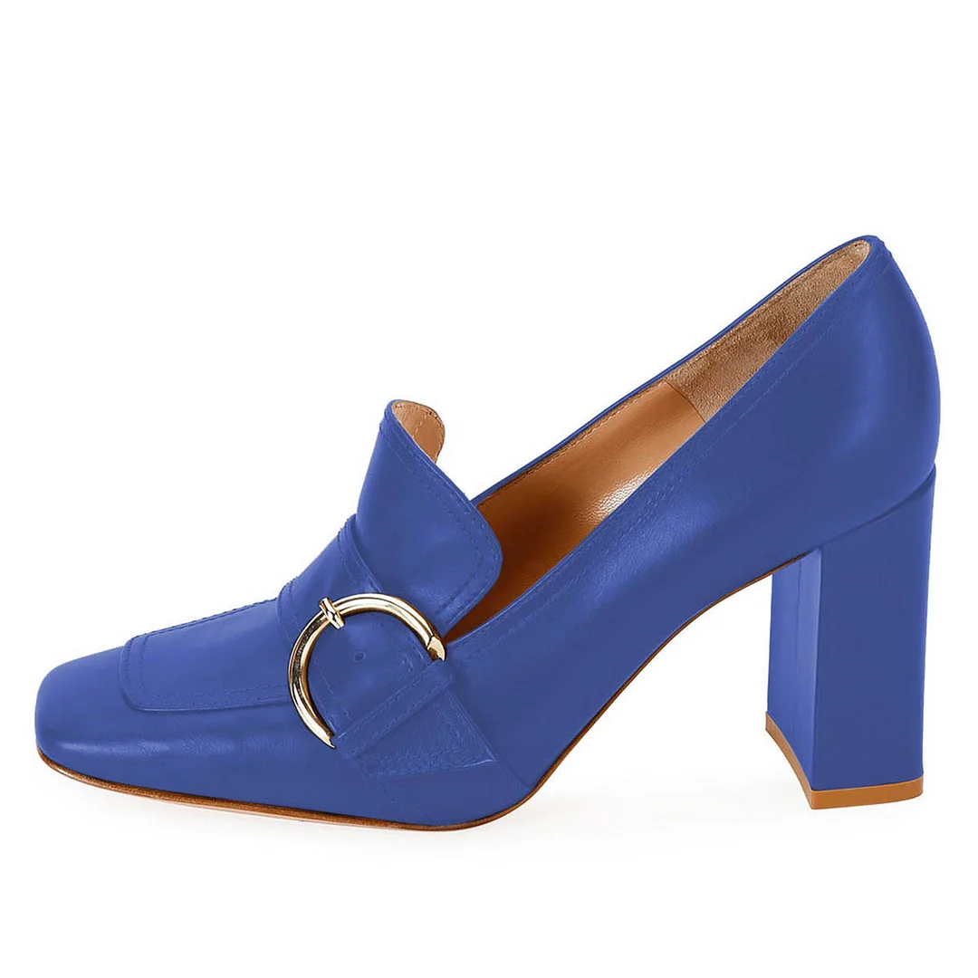 YDN Blue Buckle Strap Square Toe Chunky Heeled Loafers Women