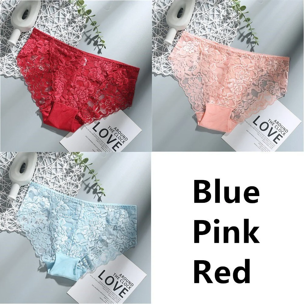 3Pcs Sexy Low Waist Women's Underwear Lace Plus Size Seamless Panties Breathable Lingerie Female Briefs Solid Hollow Underpants