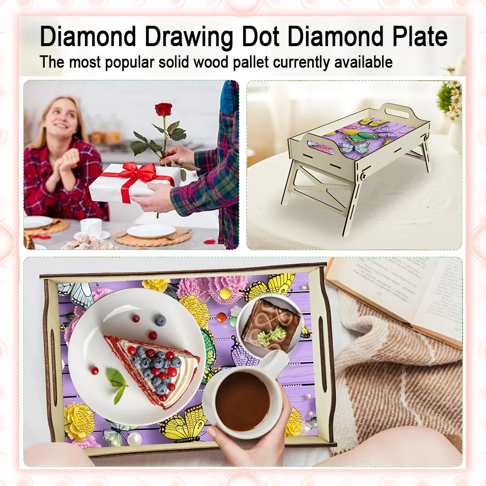 DIY Diamond Painted Dining Plate with Handle Wooden Food Tray Home Decor Gift