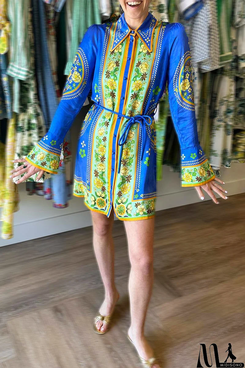 MidiSono - Casual Flowers Print Lace Up Turndown Collar Shirt Dresses