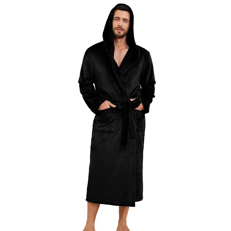 Vulcanodon Mens Hooded Fleece Robe，Plush Lightweight Soft Spa Bathrobe for Men (Black, L/XL)