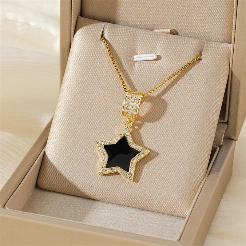 201 Stainless Steel Brass 18K Gold Plated Inlay Pentagram Shell Zircon Pendant Necklace