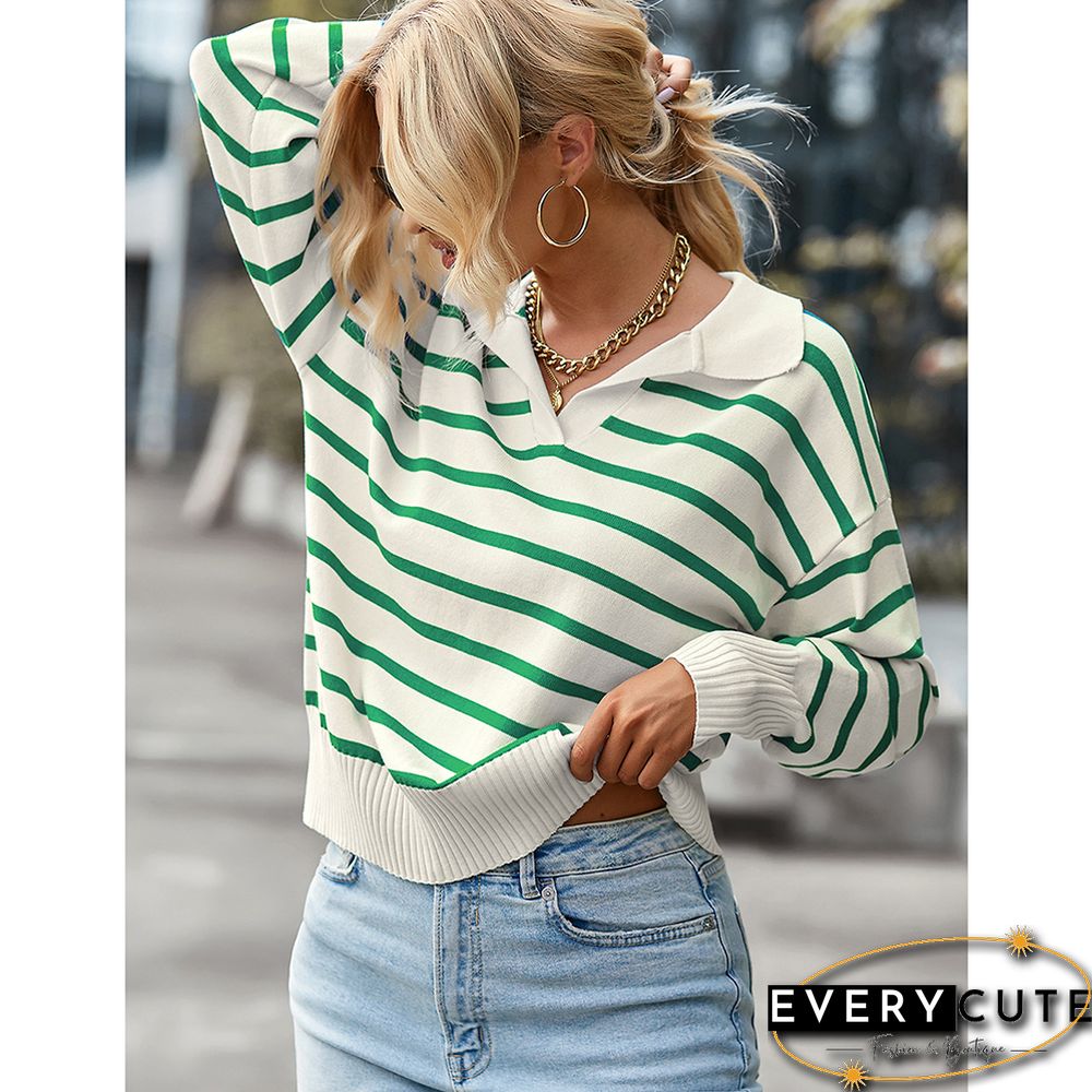 Green Striped Print Comfort Pullover Sweater Tops