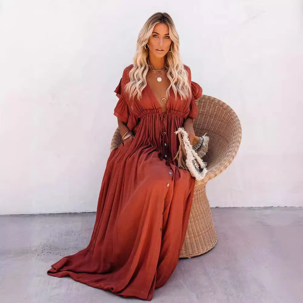 Brownm Summer Sun Protective Double-breasted Drawstring Dress Dresses