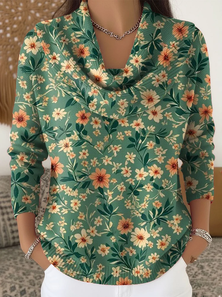 Women's Floral Art Print Cowl Neck Sweater
