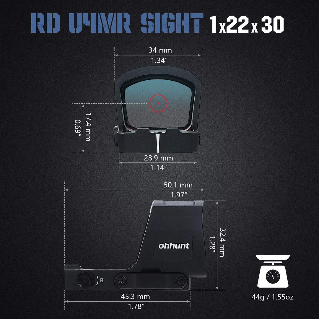 ohhunt&reg; RD U4MR Extra-Large Window Shake Awake Red Dot Sight with Multi-Reticle, Solar Panel, Side-Mounted Battery, RMR Footprint Cut & Picatinny Mount