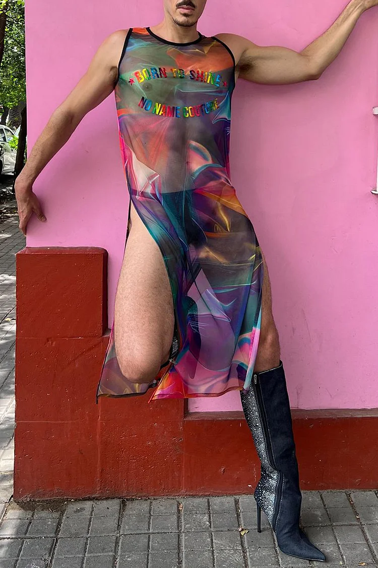 Rainbow Gradient Print See-Through Mesh Slit Tank Midi Dress [Pre-Order]