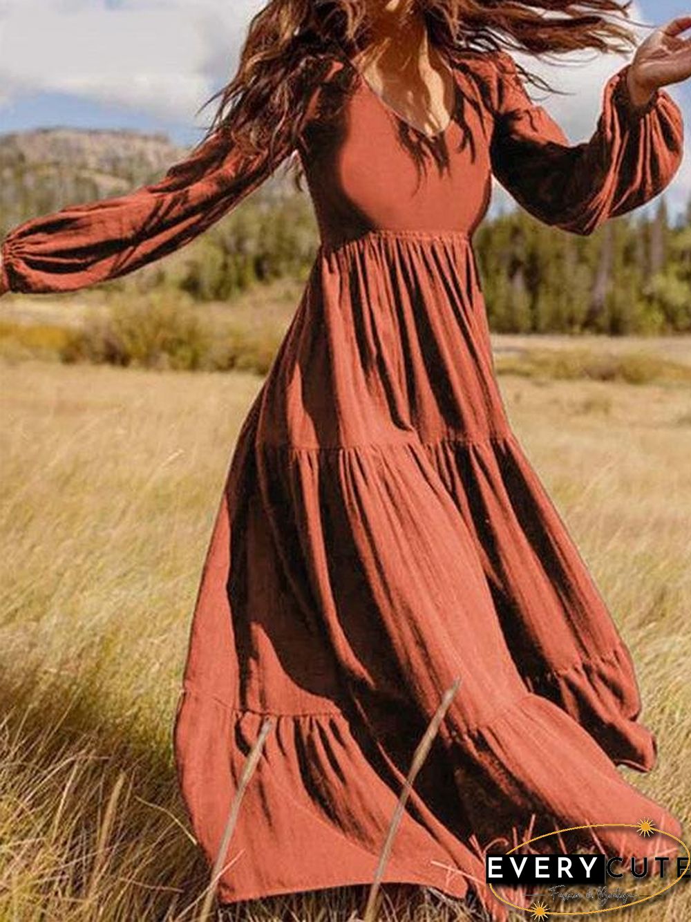 Temperament V-Neck Long Sleeve Flowy Dress