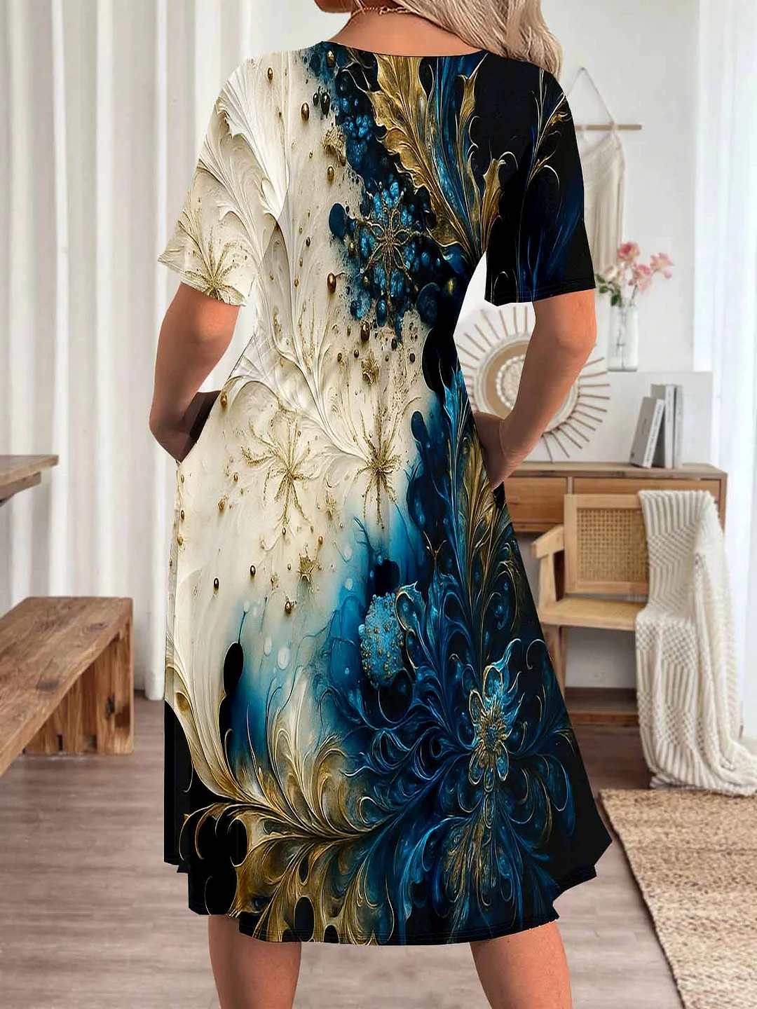 Women Graphic,Blue DZHA8357 Short Sleeve Scoop Neck Graphic Printed Hollow Midi Dress