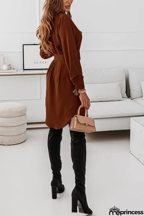 Button Long Sleeve Shirt Mini Dress With Belt
