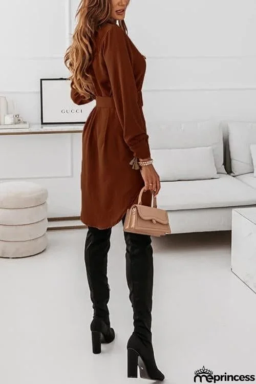 Button Long Sleeve Shirt Mini Dress With Belt