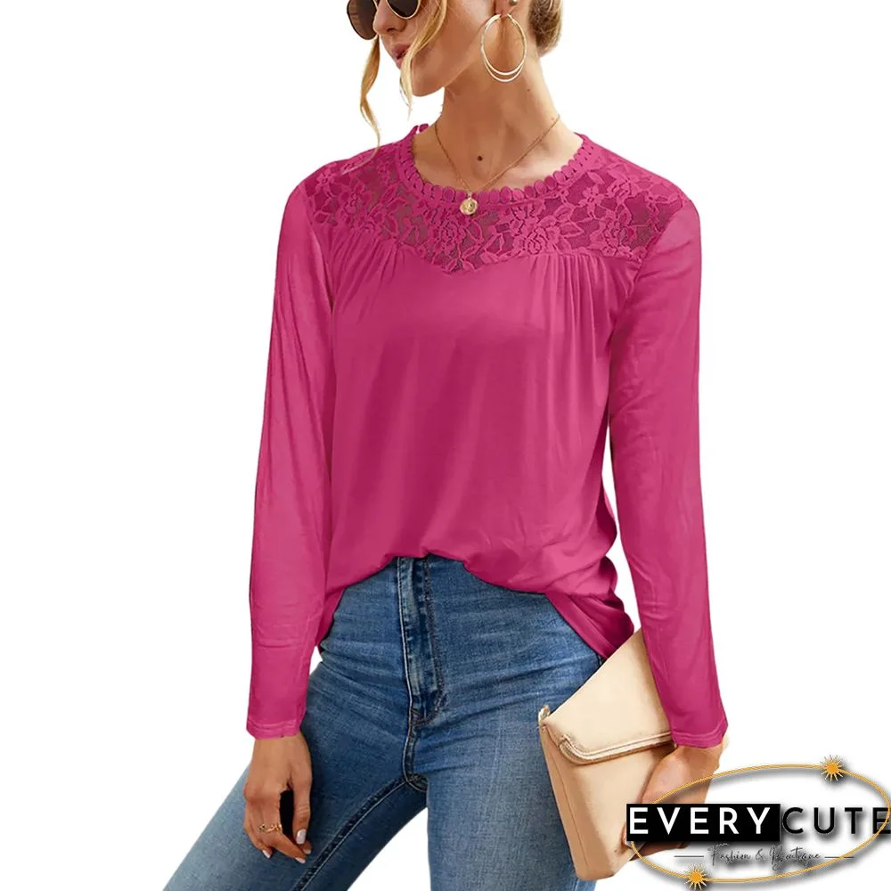 Rosy Splice Lace O-neck Long Sleeve Tops