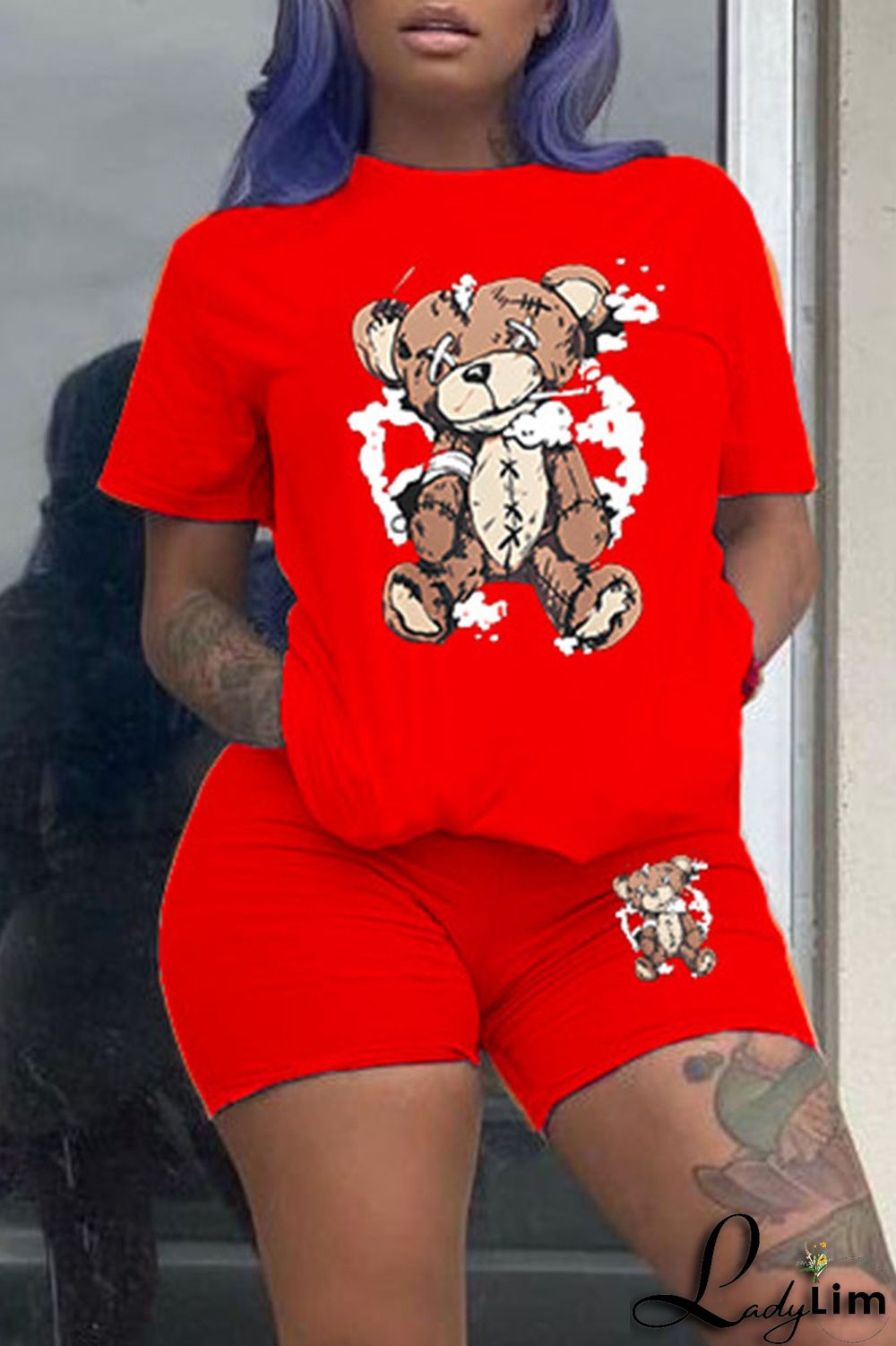 Purple Casual Print Patchwork O Neck Short Sleeve Two Pieces