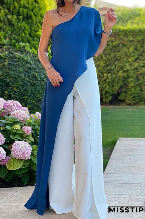 Meridress One Shoulder Color Block Wide Leg Jumpsuit