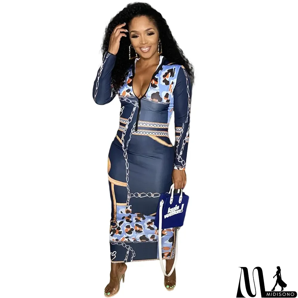 MidiSono - Women's Zip-Up Print Midi Dress (with Belt)