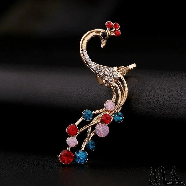 MidiSono - 1 pc Ethnic Peacock Silver Earrings Colorful Rhinestones Ear Cuff Cartilage Earrings for Women