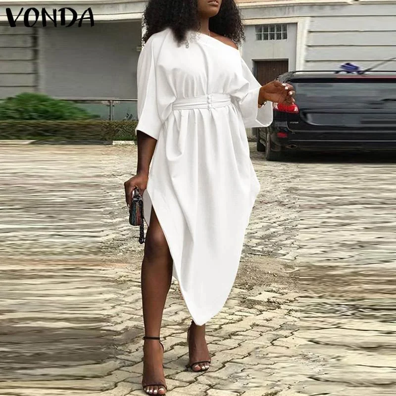 Office Dress Women Sexy Off Shoulder Dress 2022 VONDA High Waist Solid Asymmetrical Party Sundress Casual Midi Vestidos Belted