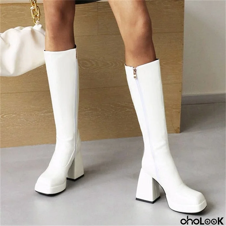 Winter Square Toe Patent Leather Long Boots