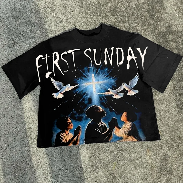 Retro First Sunday Faith Peace Dove Graphic Print Cotton Cropped T-Shirts SOPULA