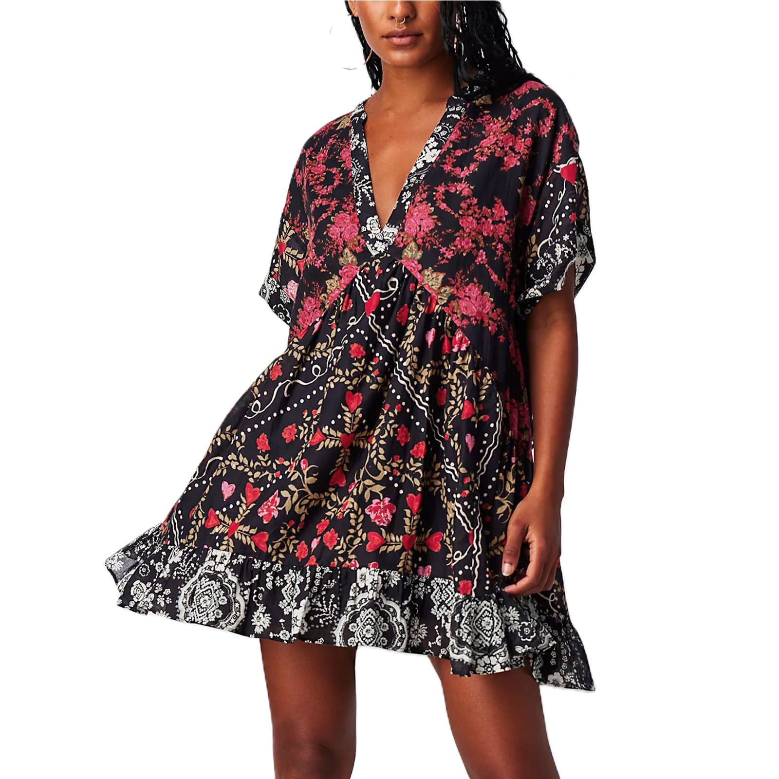 2024 Vintage Chic Women Short Sleeve Floral Print Beach Bohemian Mini Dress Female  V-neck Summer Chiffon Boho Dresses