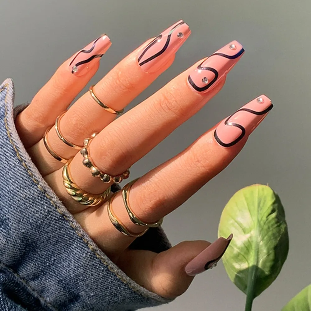 Extra Long Coffin Fake Nail Black And White Plaque False Nails French Ballerina Artificial Full Cover Nail Tips Press On Nail 515-1-Nail Inspo