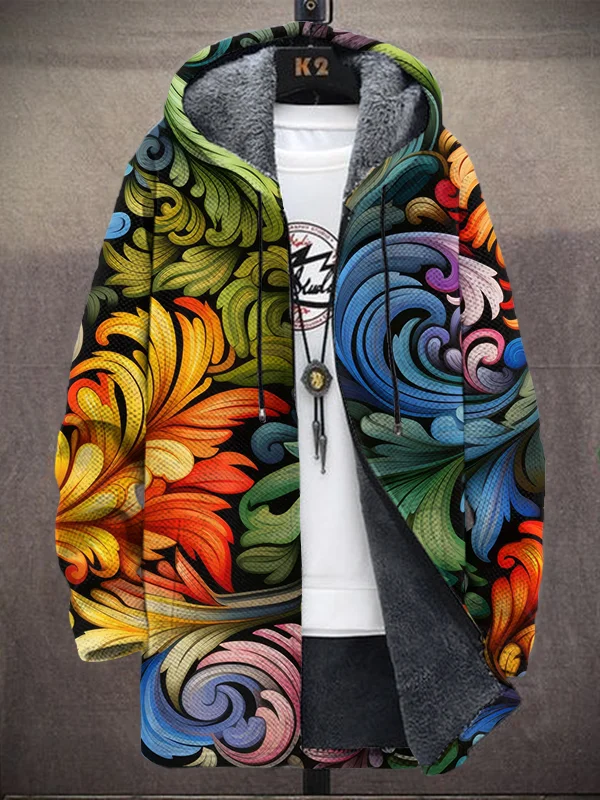 Men's Colorful Abstract Flower Pattern Print Hooded Trench Coat