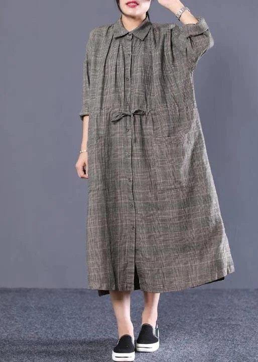French Fine Plus Size - Polo Neck Plaid Cotton Linen Women Dress
