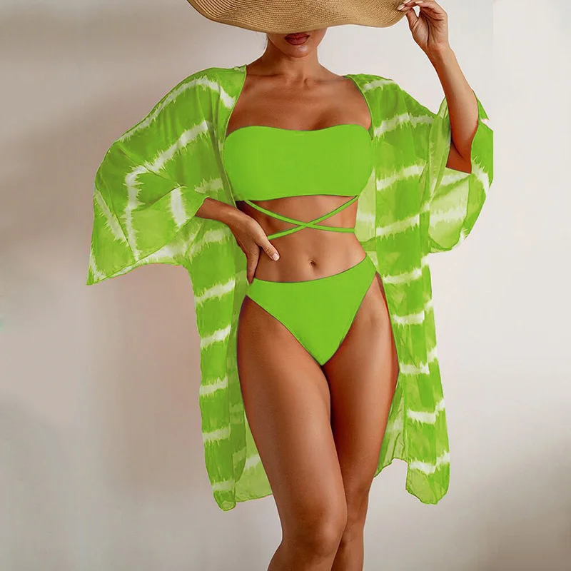 Uveng 2025 Solid Color Colorful Swimsuit Wave Chiffon Beach Three-Piece Bikini Swimsuit