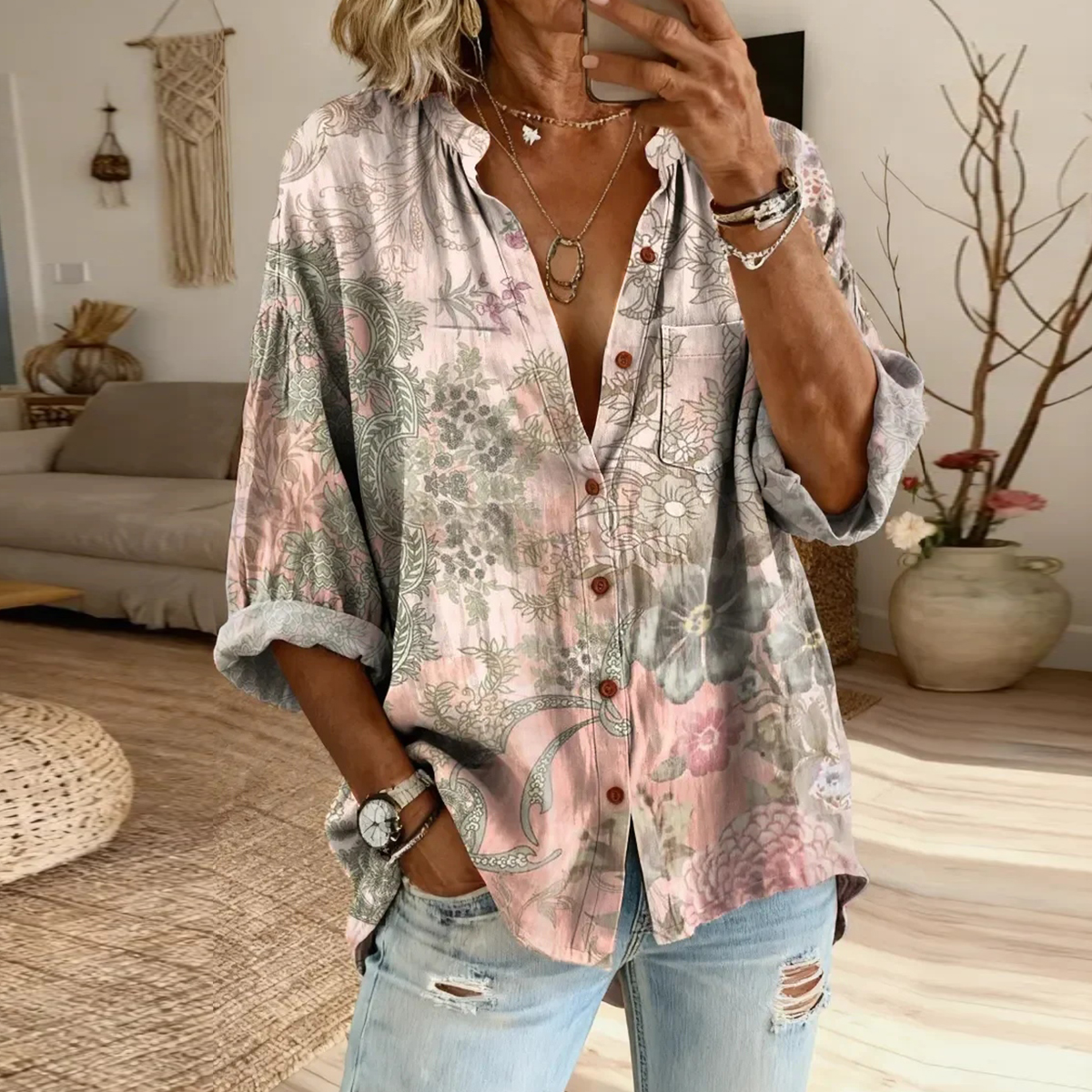 Comstylish Women's Floral Art Print Casual Cotton-linen Blend Shirt