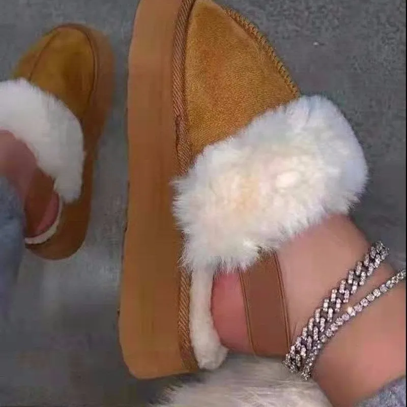 2021 autumn and winter new large size color plush cotton shoes women's Baotou flat sponge cake thick bottom hairy sandals women