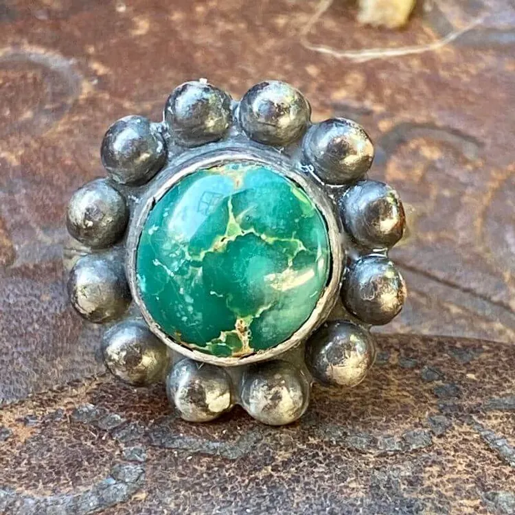 Navajo Green Nodule Turquoise Ring in Sterling Silver Size 7 3/4