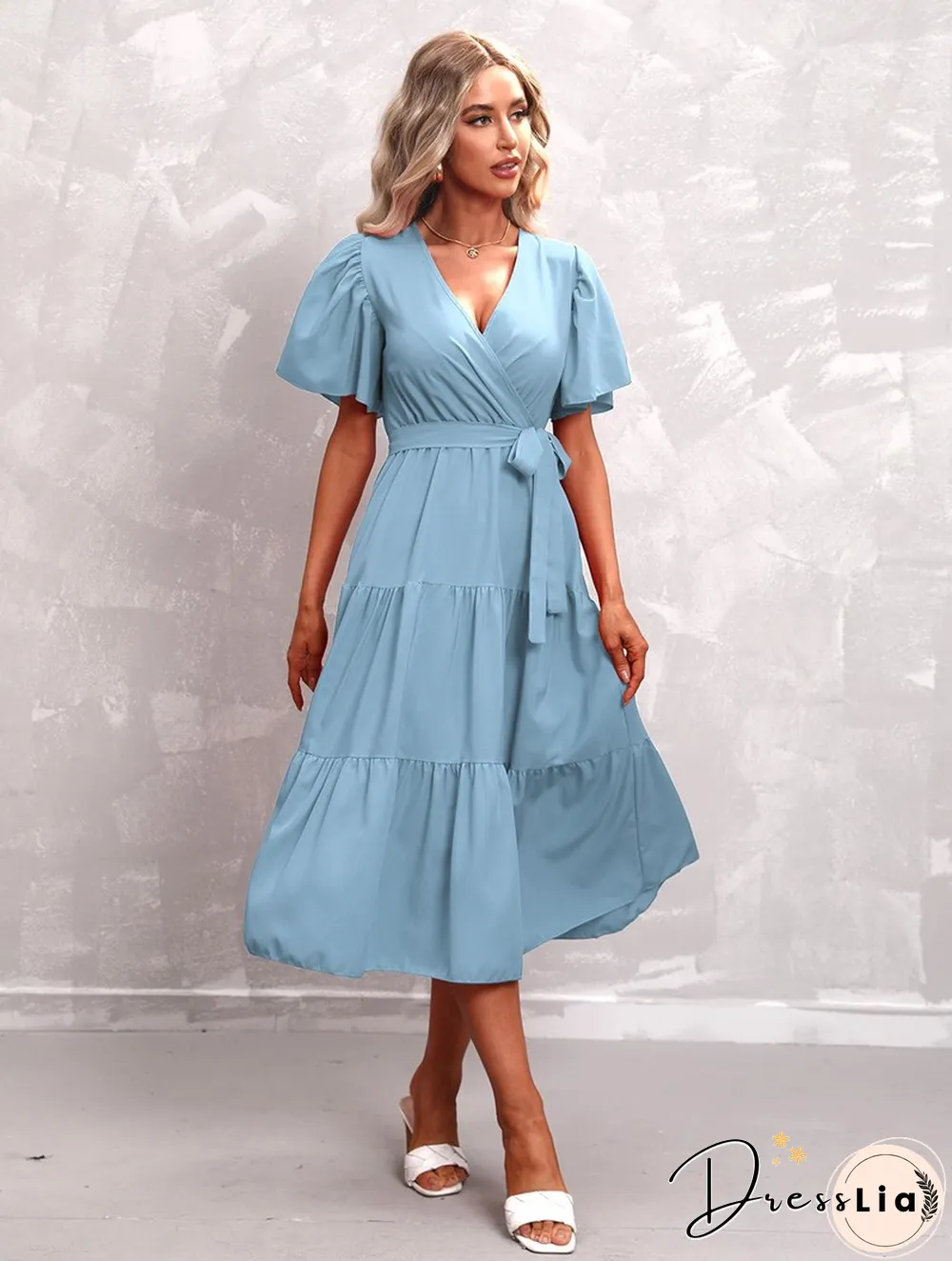 Elegant Womens Summer Dress & Casual Lace-Up Solid Color Neck High Waist Short Sleeve