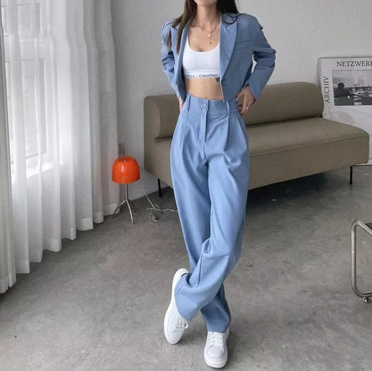 Msfancy Pant Suits Women 2022 Fashion Single Button Crop Blazer High Waist Wide Leg Trousers Fall Mujer 2 Piece Set Outfits 412-3