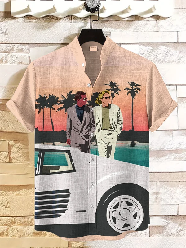 Men's Retro 80s Tv Series Color Block Silhouette Art Print Short Sleeve Shirt