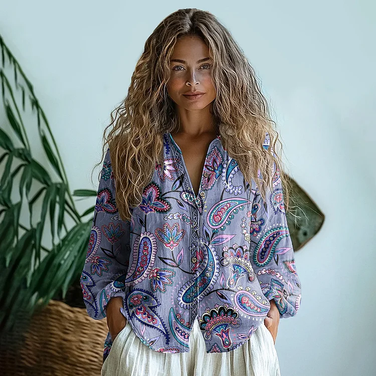 VChics Bohemian Style Paisley Linen Print Long Sleeve Blouse
