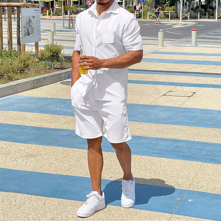 PASUXI Men's Summer Linen Casual Suit Loose Fit Solid Color Short-Sleeved Shirt & Shorts huanwei