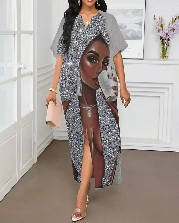Sequins Black Women V-neck Casual Elegant Dress