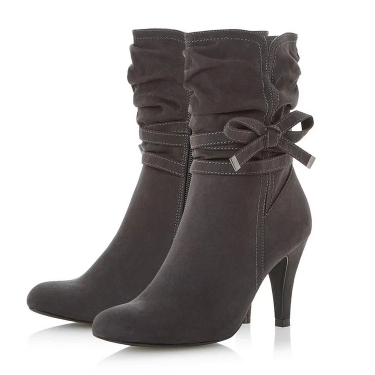 Grey Slouch Boots Fashion Suede Pointy Toe Ankle Booties with Bow |FSJ Shoes