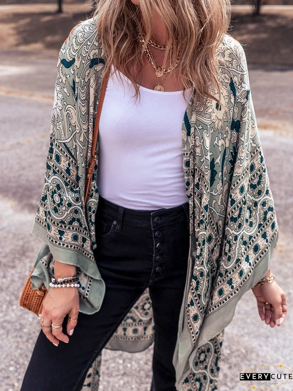 Vintage Green Floral Print Long Kimono with Split Front