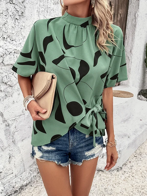 Asymmetric Pleated Printed Tied Half Sleeves Loose Mock Neck Blouses&Shirts Tops