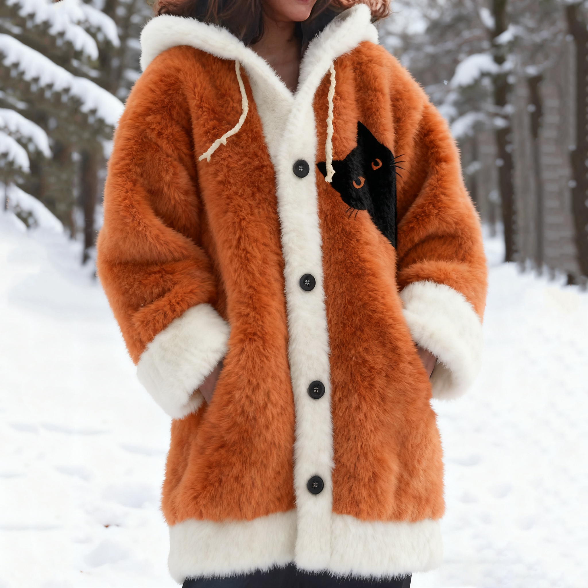 Vintage Peek-a-boo Hiding Black Cat Art Cozy Knit Hooded Cardigan elevenforest