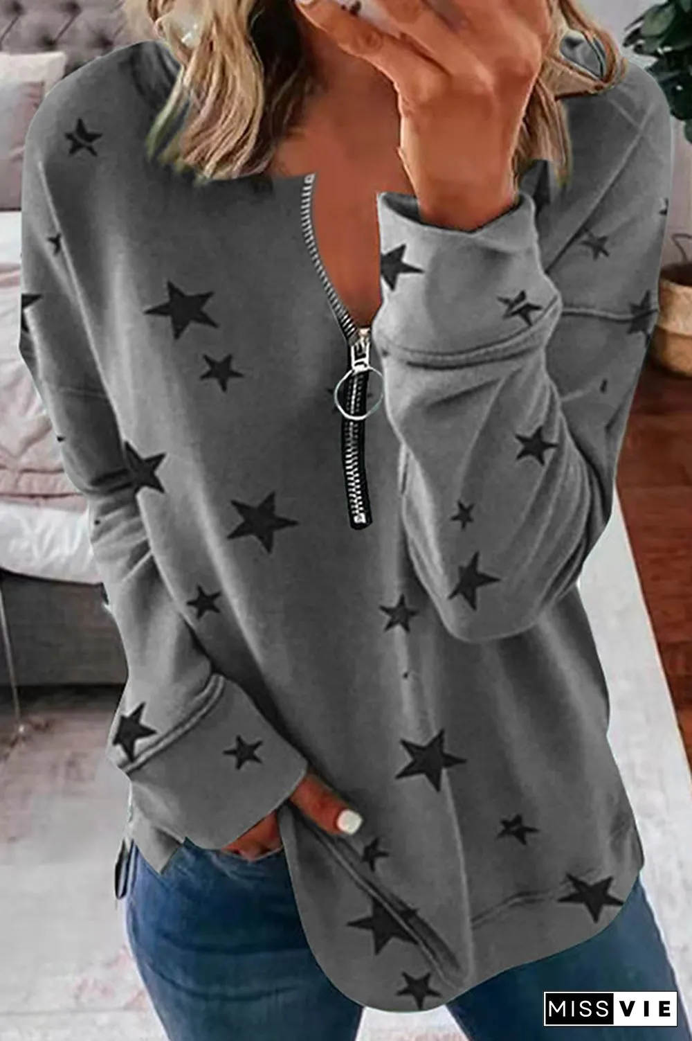 Casual The stars Split Joint Zipper Zipper Collar Tops(8 colors)