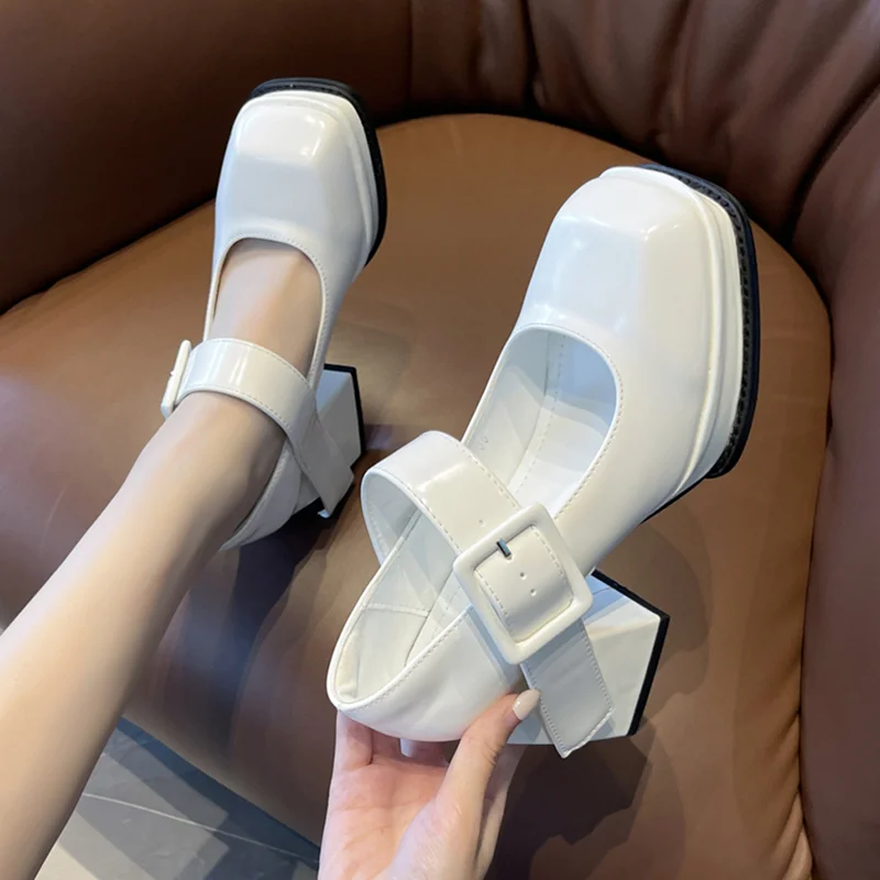 Black White Platform Mary Jane Shoes for Women Heels Retro Square Toe Buckle Women Pumps 2023 New Super High Heels Dress Shoes ELCNEPAL