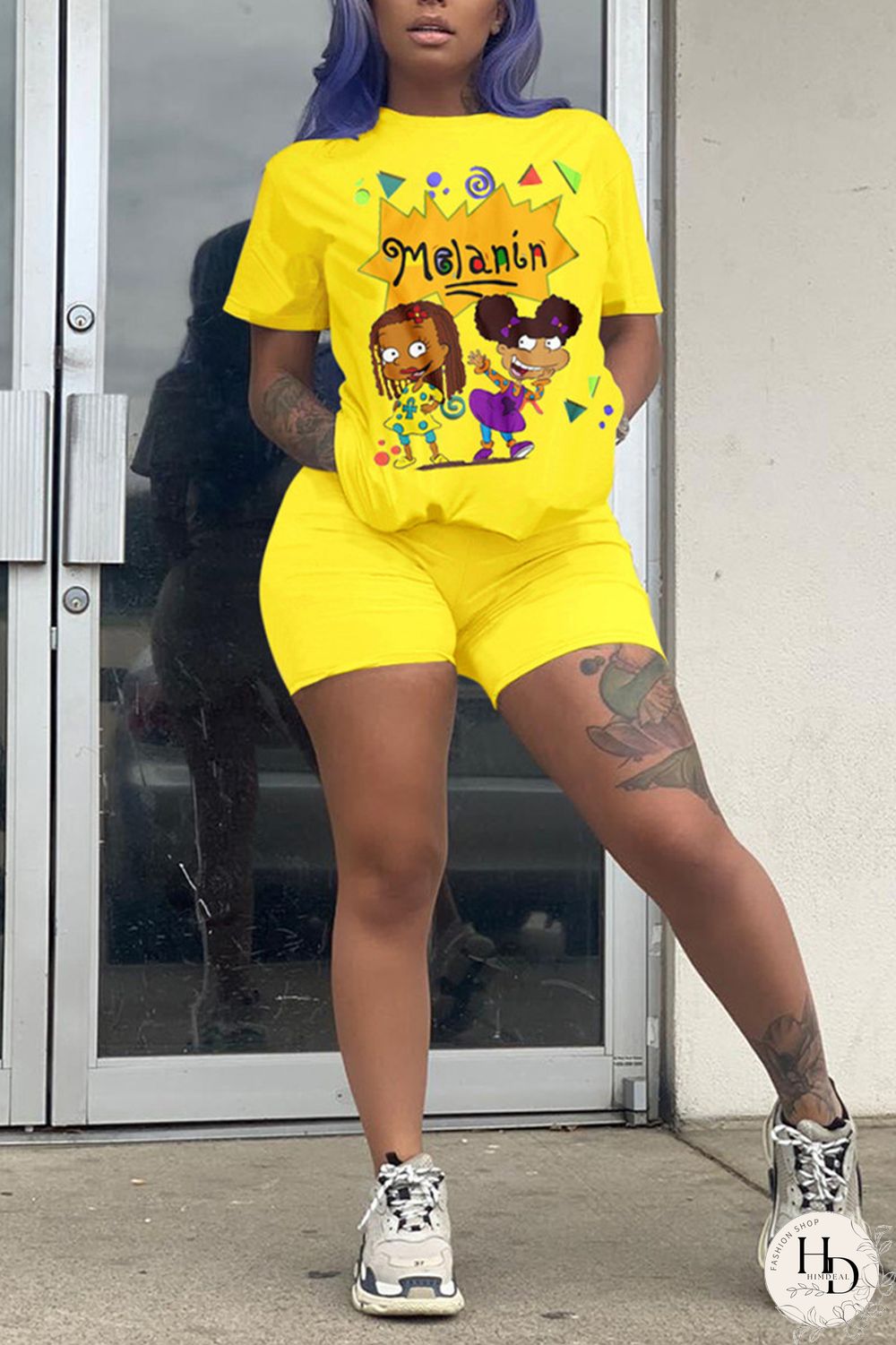 Yellow Fashion Casual Printed Short Sleeve Top Set