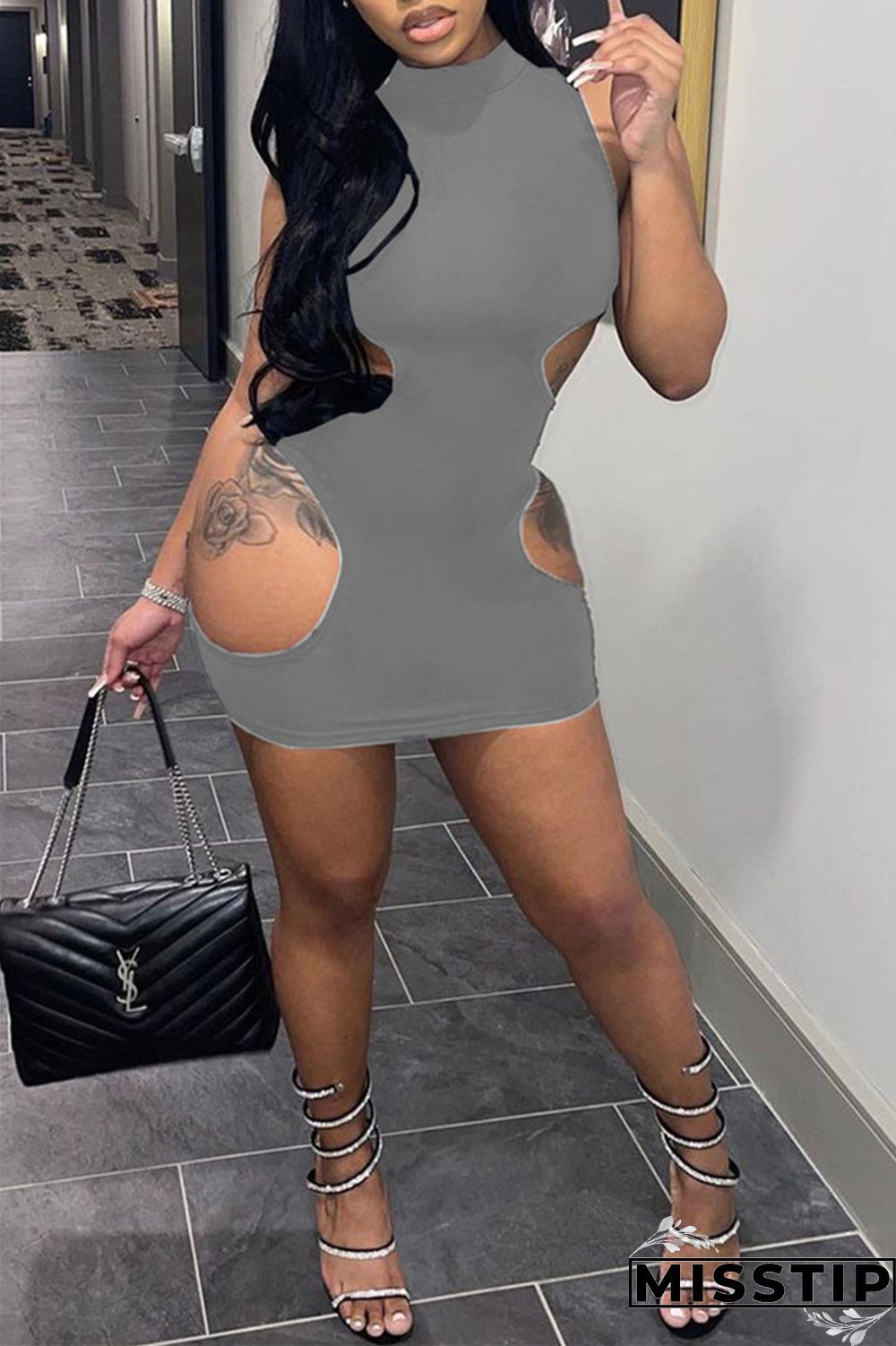 Grey Fashion Sexy Solid Hollowed Out O Neck Sleeveless Dress